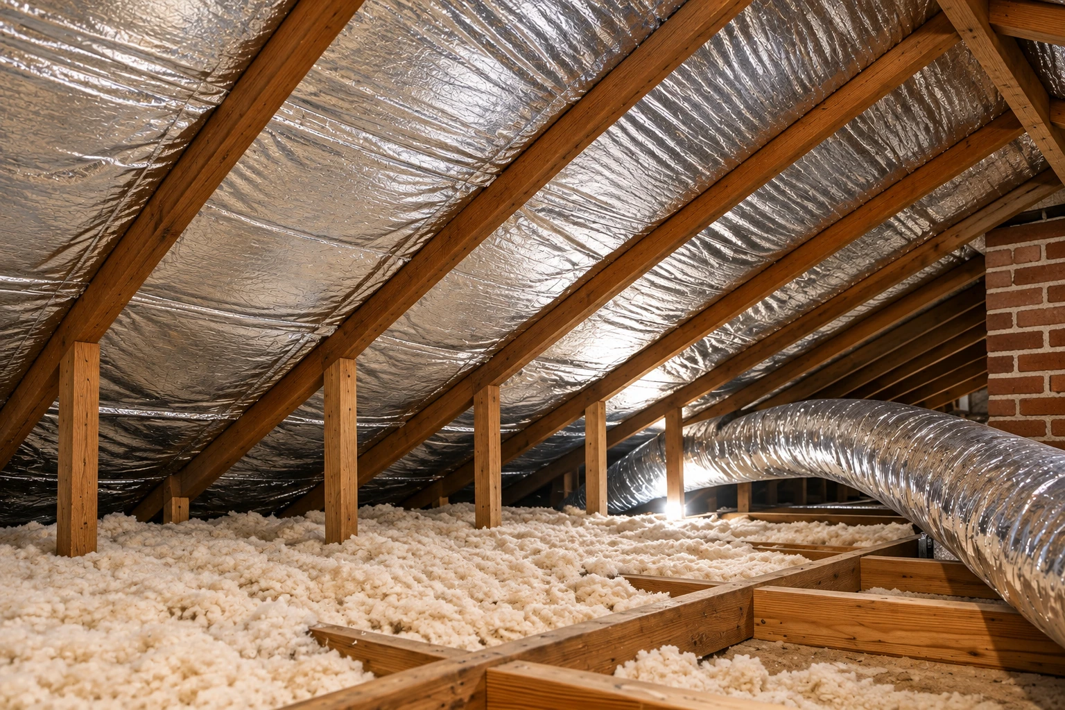 Attic roof is lined with reflective foil between wooden rafters, above loose insulation and a large duct.
