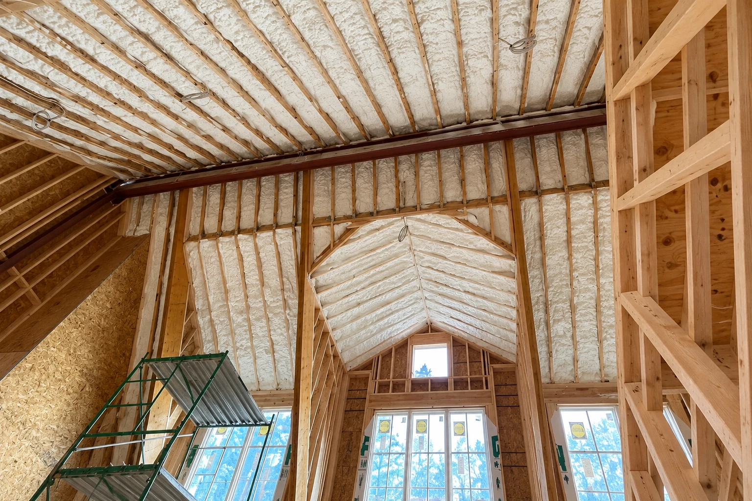 Attic rafters are filled with white spray foam insulation, with a scaffold and windows below.