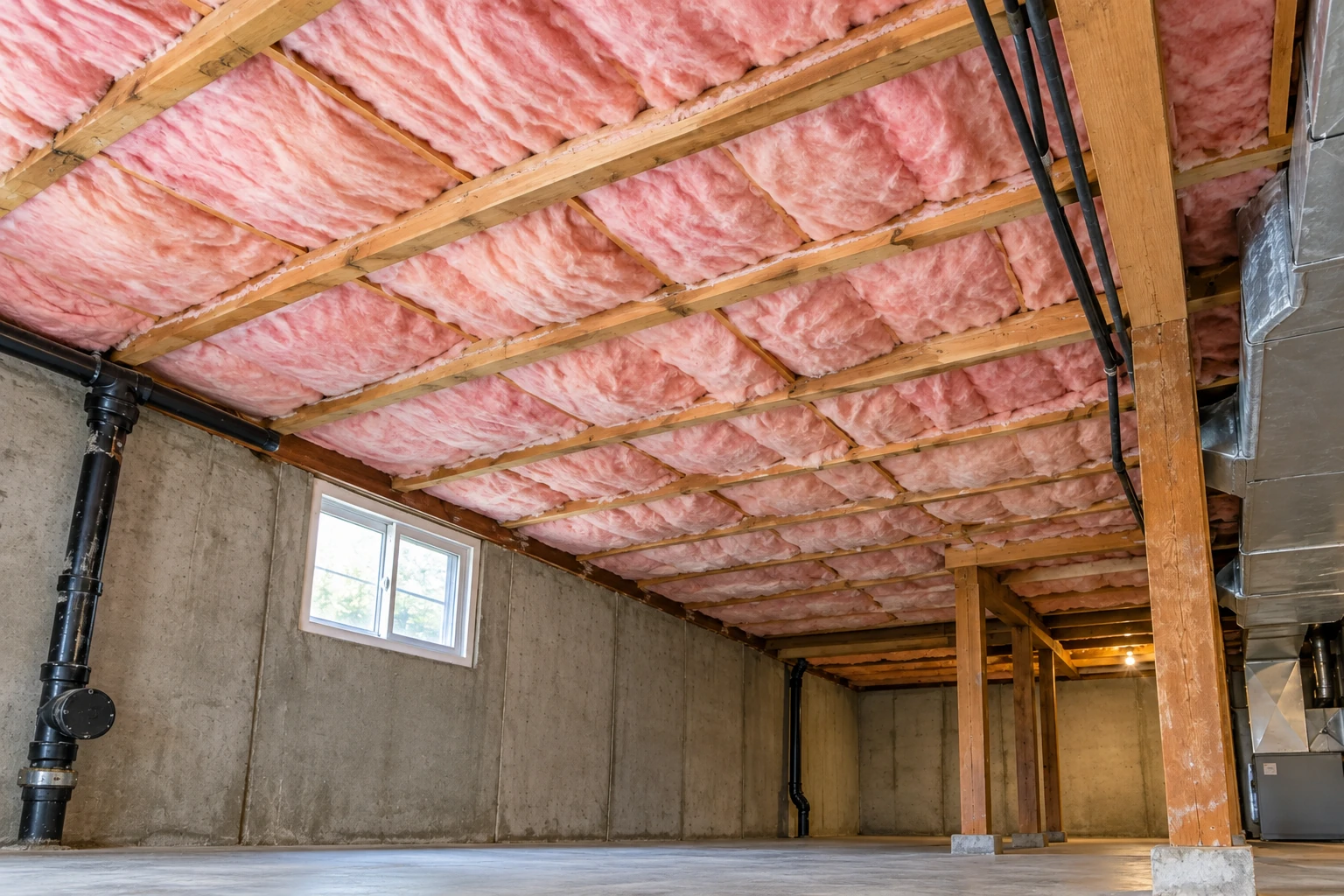 Pink batt insulation fills the ceiling joists of a concrete basement with support posts and exposed pipes.