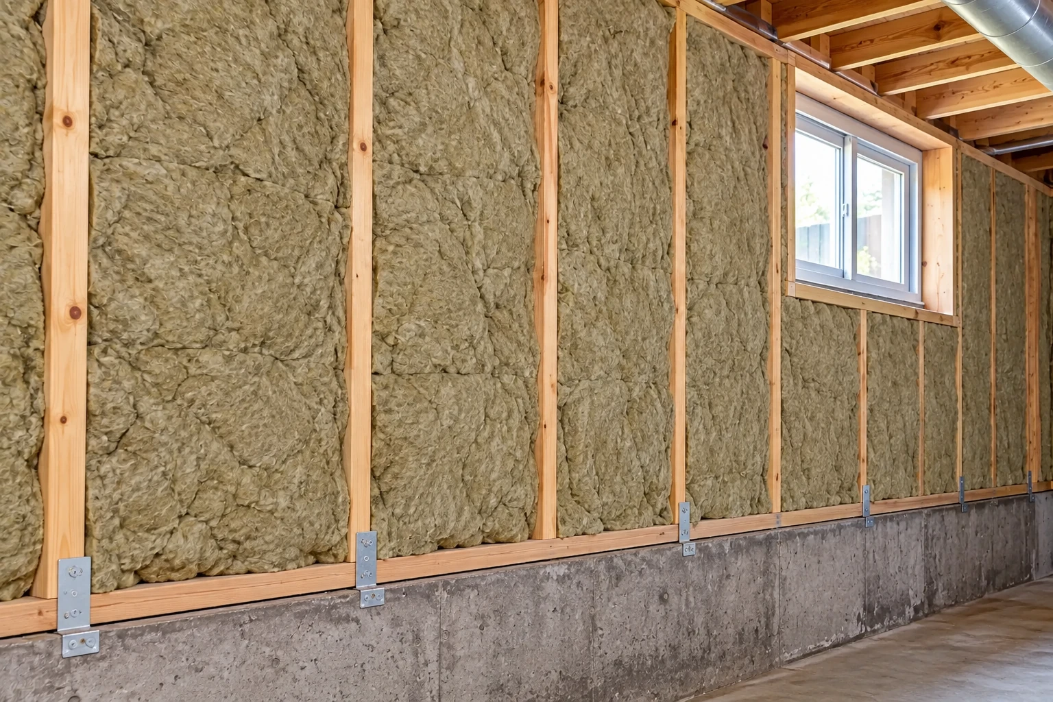 Dense gray insulation fills the wall framing above a concrete basement foundation, beside a window.