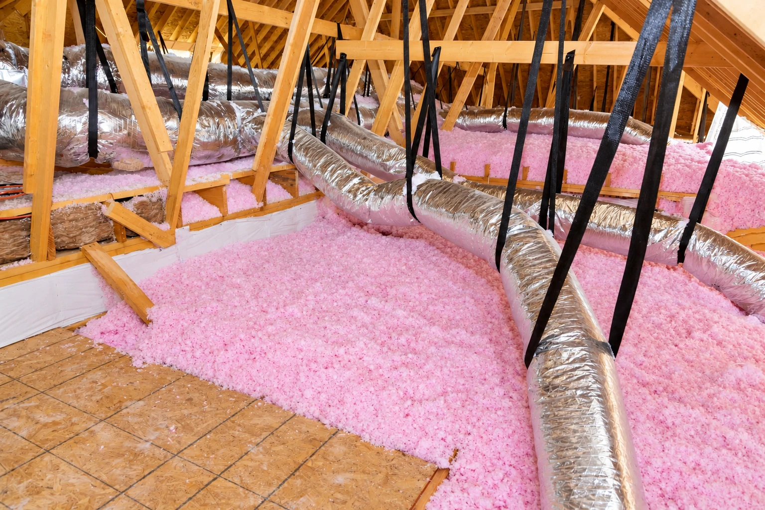 Pink attic insulation surrounds suspended silver ductwork beneath exposed roof trusses.