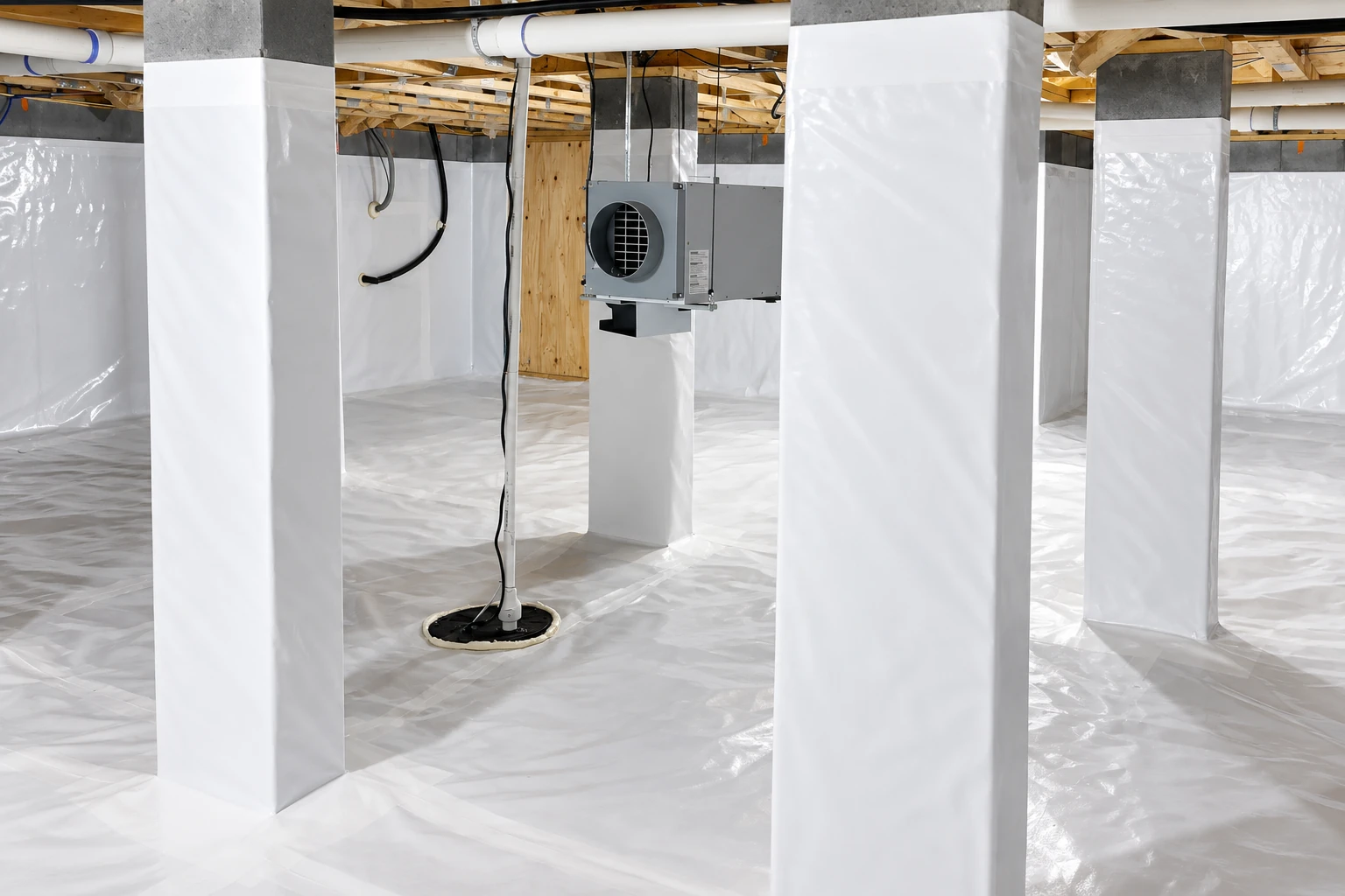 Crawl space with a white vapor barrier covering the floor and support columns, with exposed joists and a ventilation unit overhead.