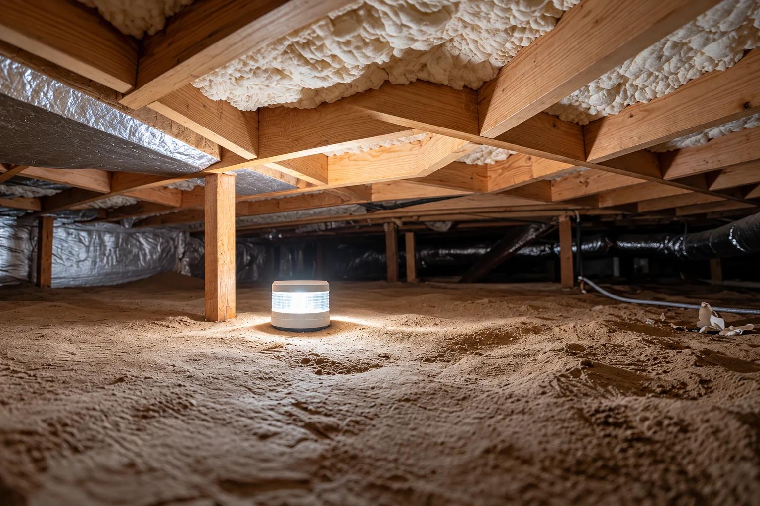A crawl space with exposed wooden floor joists, foam insulation overhead, and a small lit device on the dirt floor.