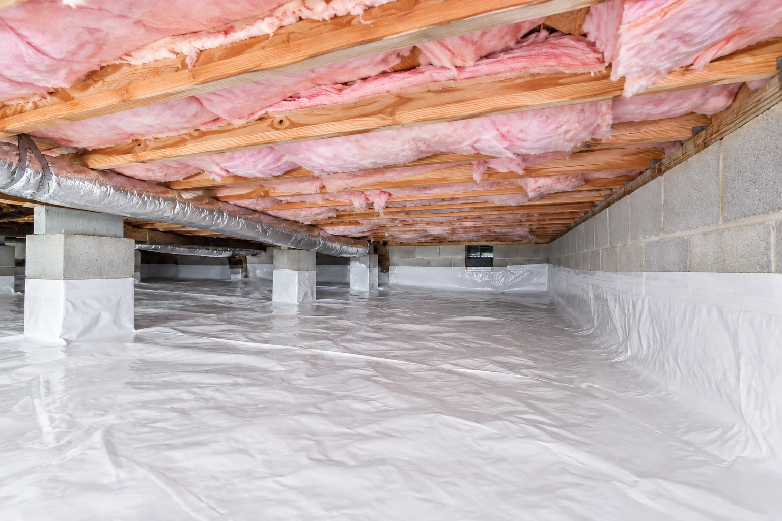 A crawl space has white plastic sheeting covering the floor and lower walls beneath pink insulation between wooden joists.