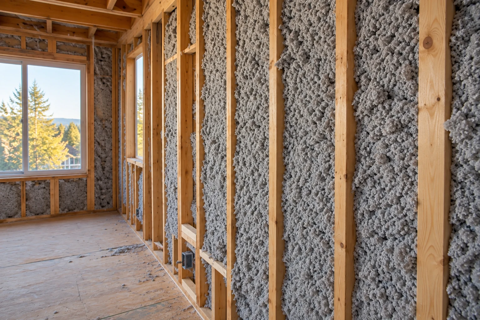 Gray insulation fills the wall cavities of an unfinished room framed with exposed wood studs.