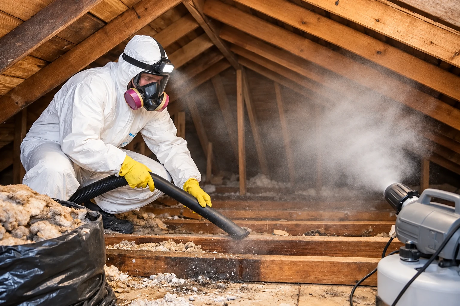 A worker in protective gear vacuums old insulation from an attic with a large hose.