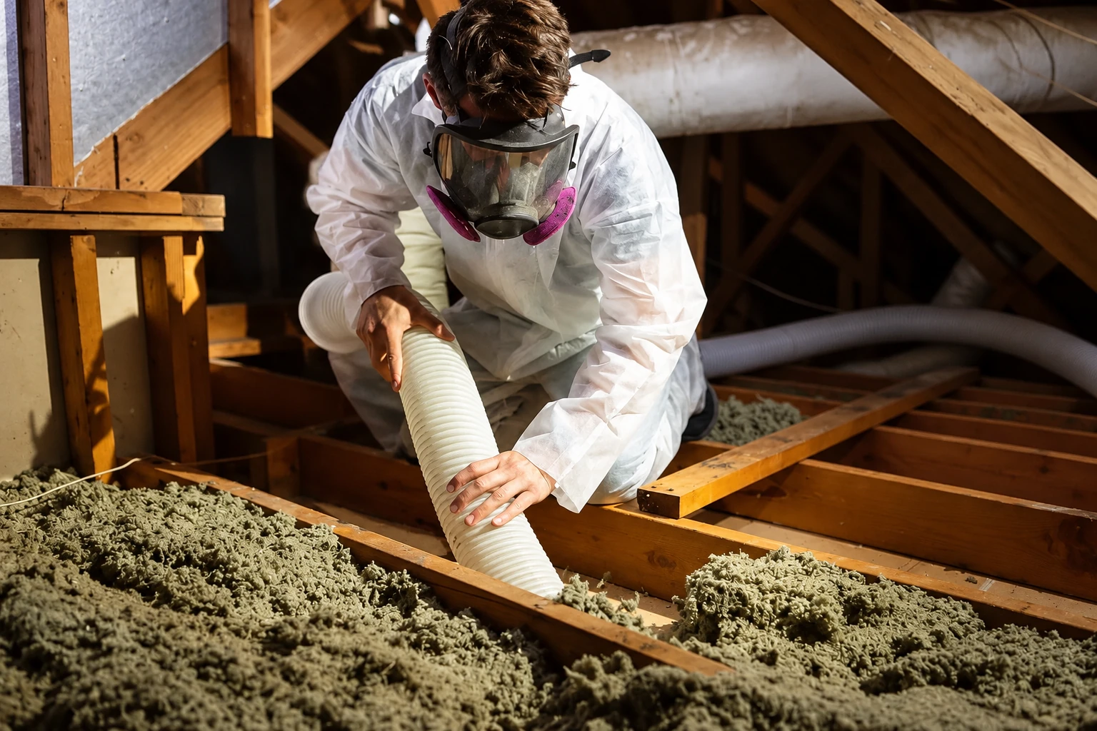 A worker in protective coveralls and a respirator removes loose attic insulation with a large flexible hose.