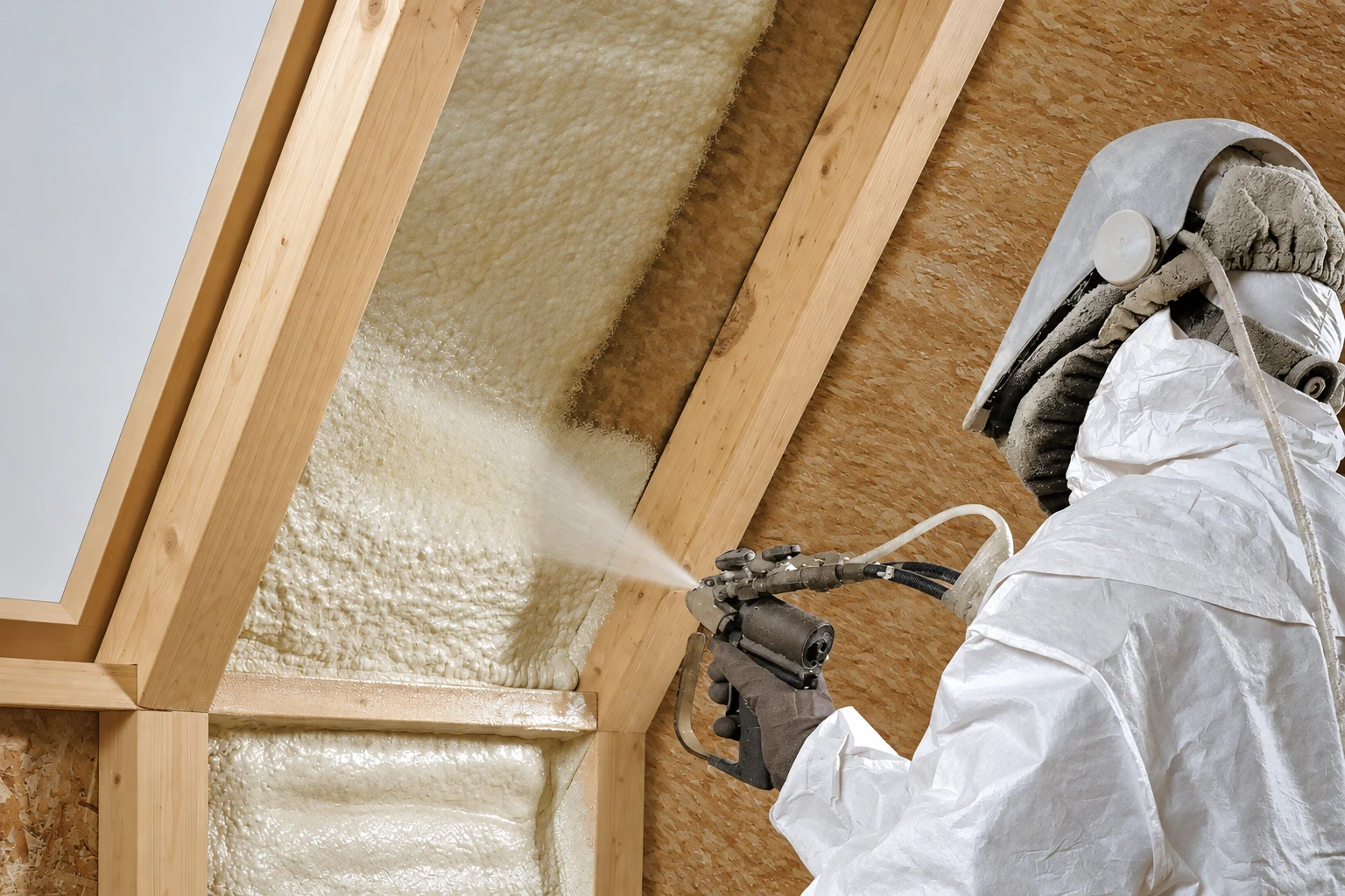 A worker in protective gear sprays foam insulation between exposed wooden rafters.