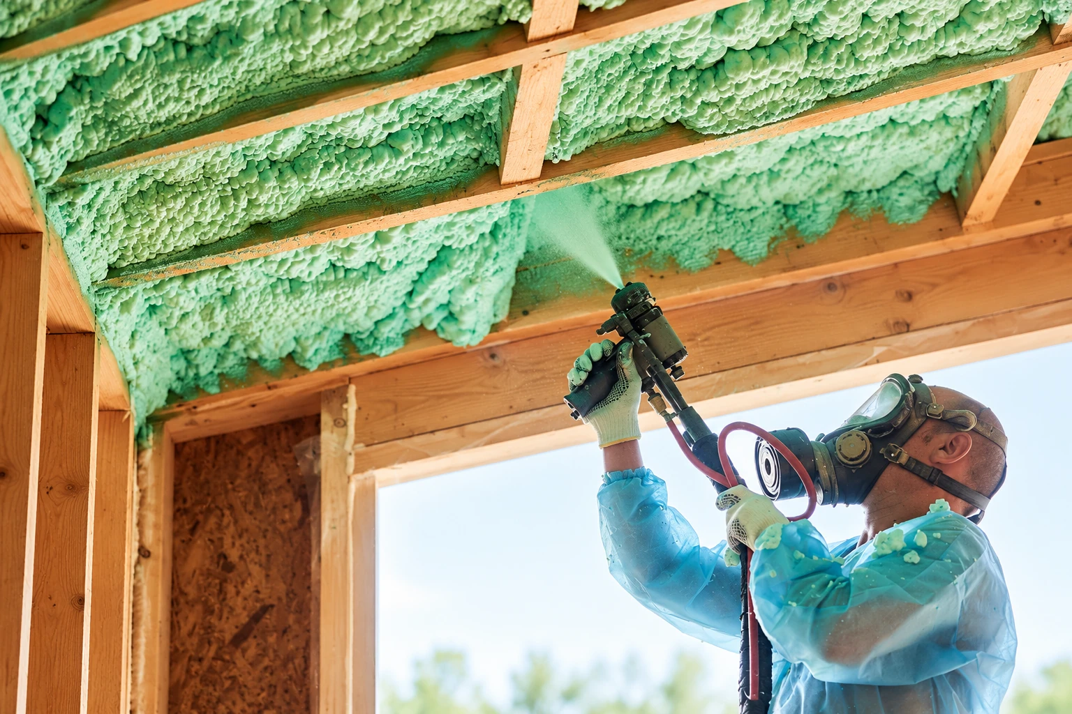 A worker in protective gear sprays green open-cell foam insulation into the underside of a wooden roof.