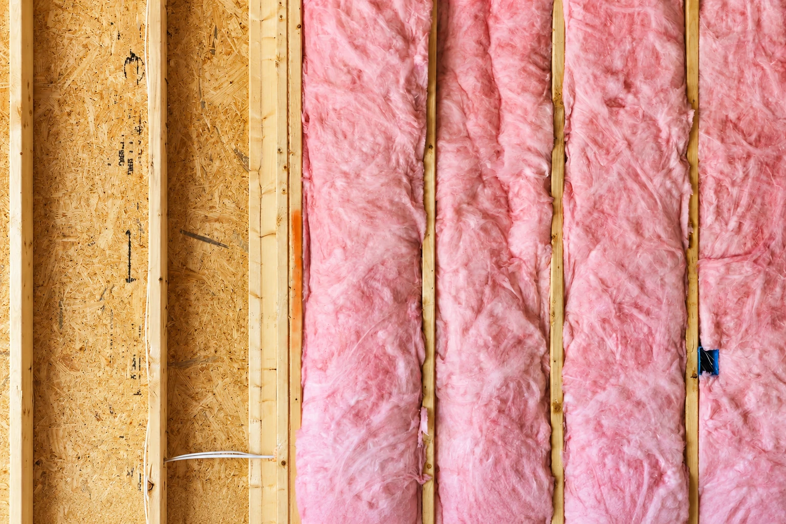 Pink fiberglass batts fill several wall cavities beside exposed wood sheathing and framing.
