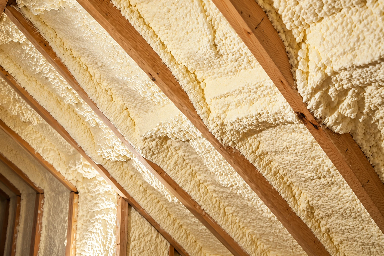 Cream spray foam fills the spaces between exposed wooden rafters on a sloped ceiling.