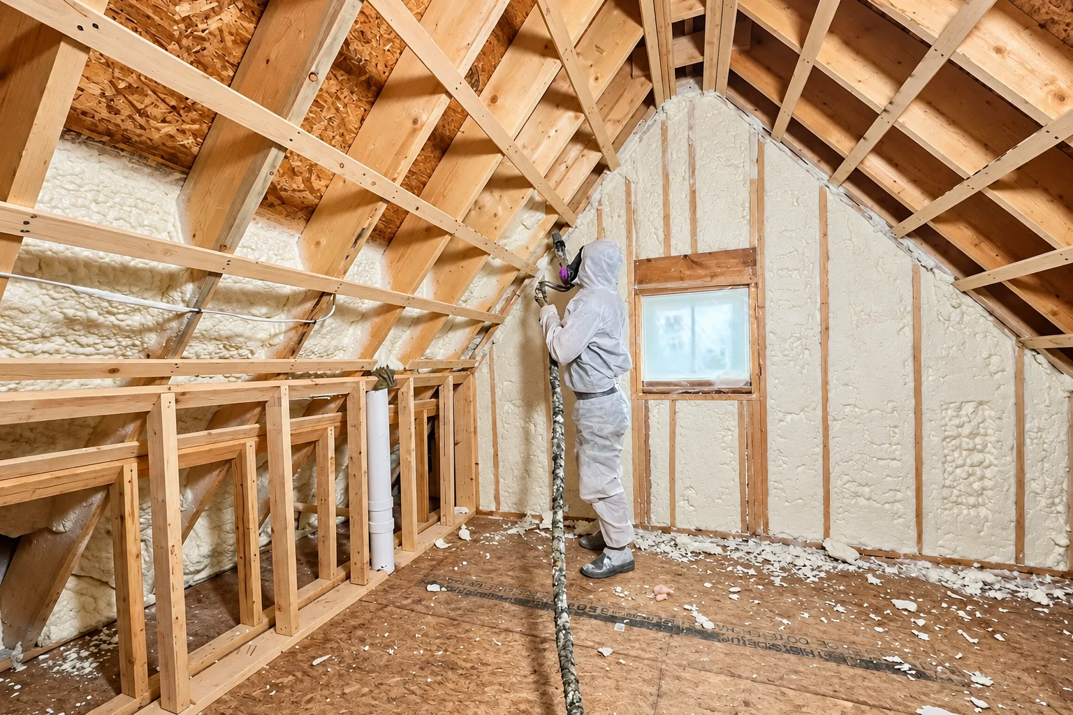A suited worker sprays foam insulation onto the framed walls of an unfinished attic.