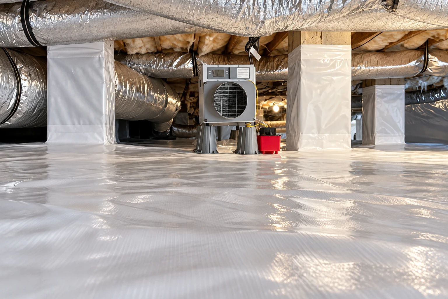 A crawl space with a shiny plastic vapor barrier covering the floor, insulated supports, and a ventilation unit among ducts.