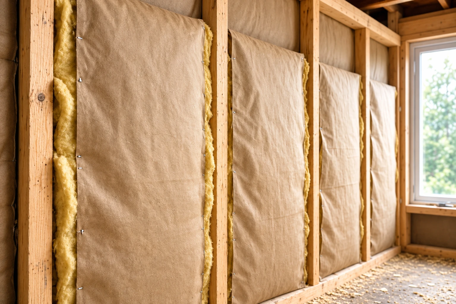 Wall insulation batts covered with brown paper fill wooden framing bays beside a window.